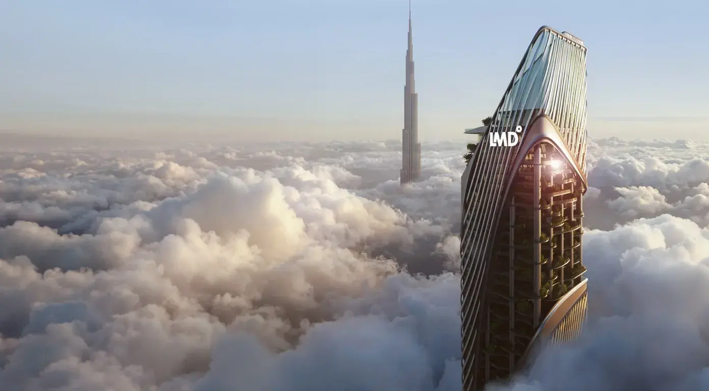 Christian A. Rockefeller Business Tower rising above the clouds, with the Burj Khalifa behind