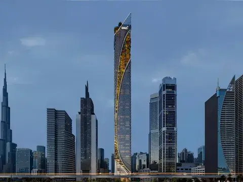 The tower in the Sheikh Zayed Road skyline beside the Burj Khalifa