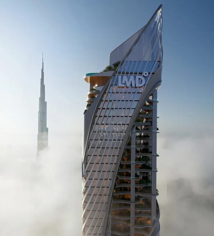 The crown of the tower above the morning mist