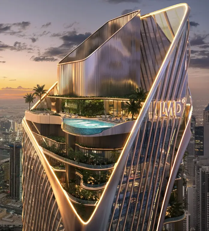 Infinity pool and terraces at the top of the tower