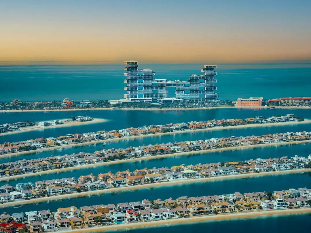 Aerial view of the Palm Jumeirah fronds with Atlantis The Royal beyond