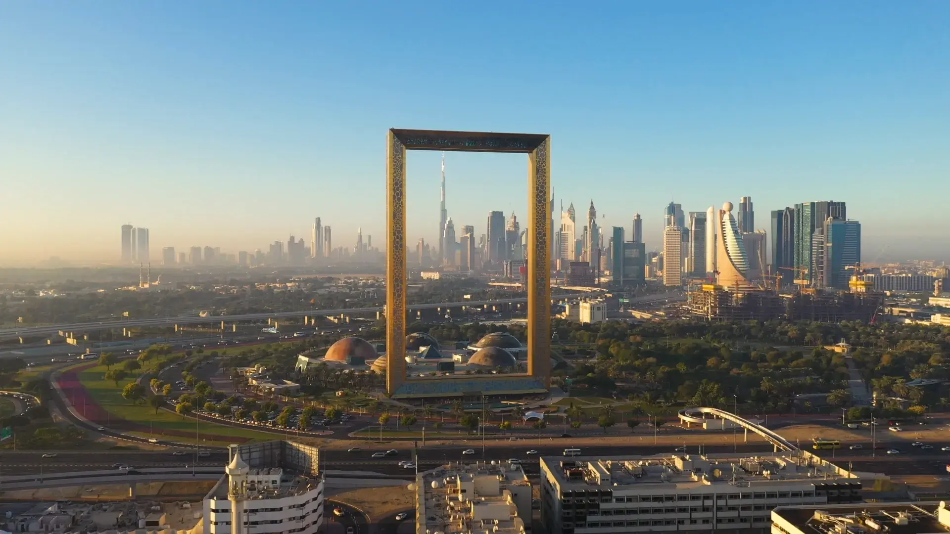 Dubai skyline with the Dubai Frame
