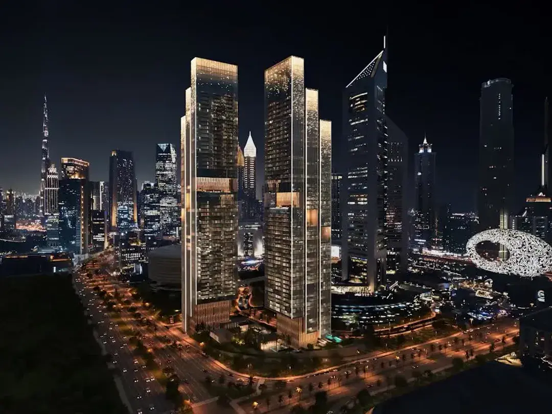 Night view of the towers beside the Museum of the Future