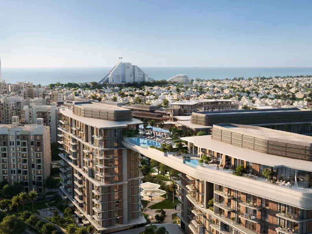 Aerial view of Nourelle at Madinat Jumeirah Living with the Burj Al Arab beyond
