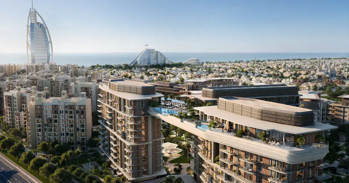 Aerial view of Nourelle at Madinat Jumeirah Living with the Burj Al Arab beyond
