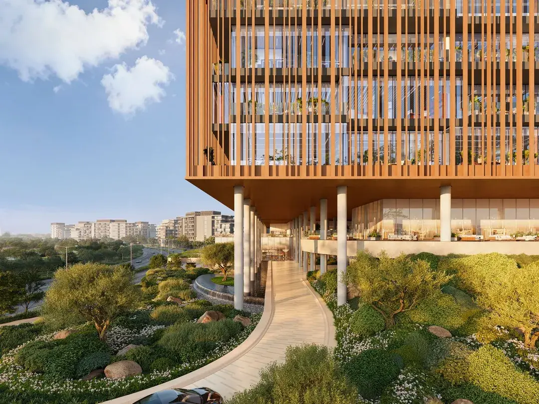 Drop-off beneath the cantilevered blocks