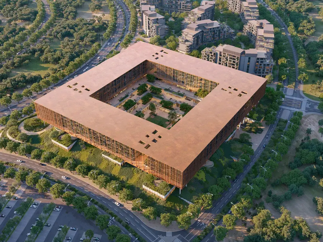 Aerial view of The Yards Plaza's four blocks around the central courtyard