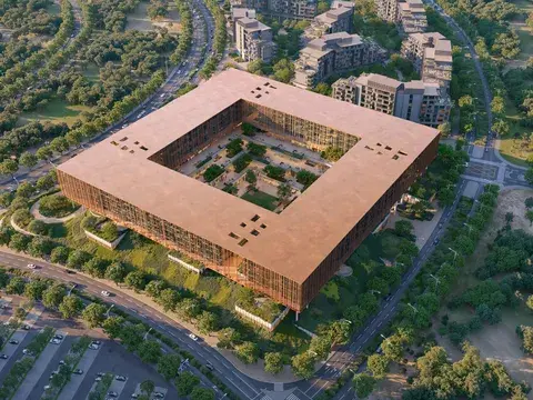 Aerial view of The Yards Plaza's four blocks around the central courtyard