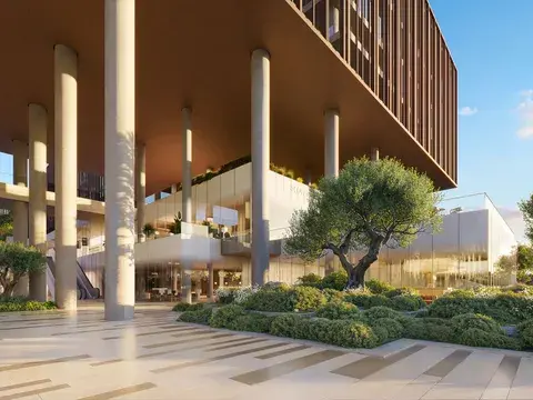 Arrival plaza beneath the raised office blocks