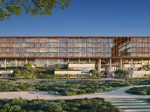 Front elevation of The Yards Plaza across landscaped walkways