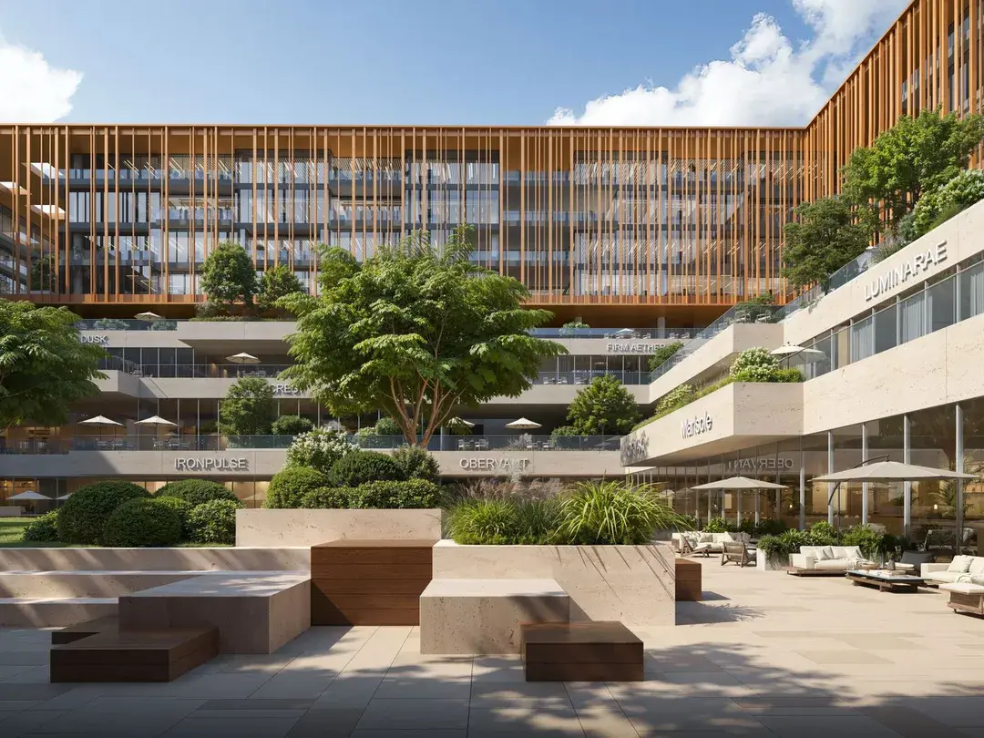 Landscaped central courtyard with shaded seating