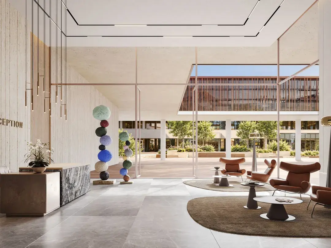 Office reception lobby in stone and timber
